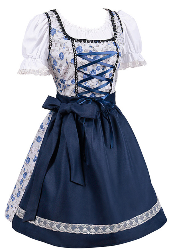 Robe de Style Traditionnel Bavaroise Allemande Robe pour la Fête de la Bière Oktoberfest Bleu et Blanc avec Tablier