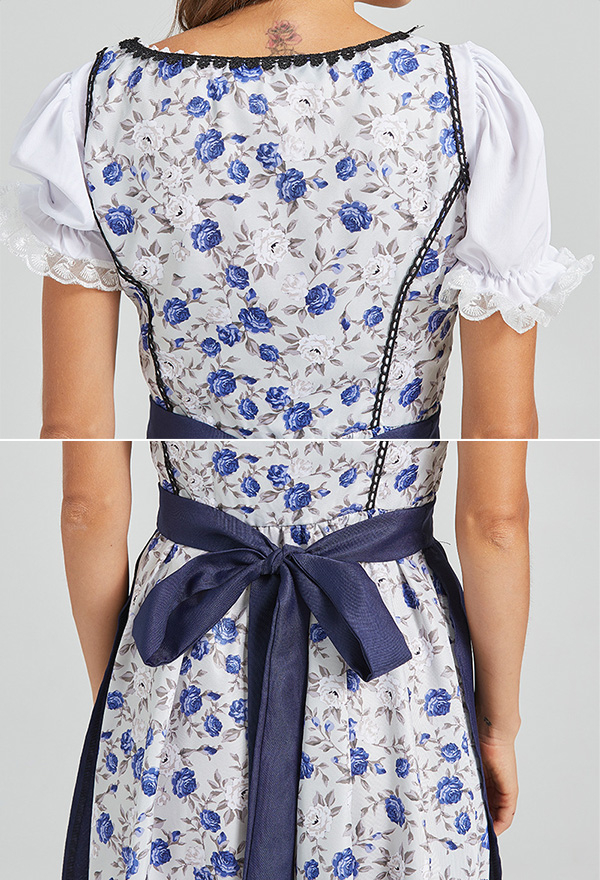 Dirndl - Robe Midi Pour Femme - Bleu Classique - Avec Tablier