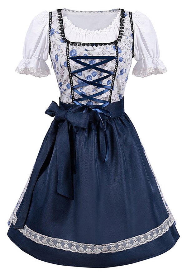 Oktoberfest Dress Blue White Floral Dress Maid Style Clubwear Party Dress with Apron