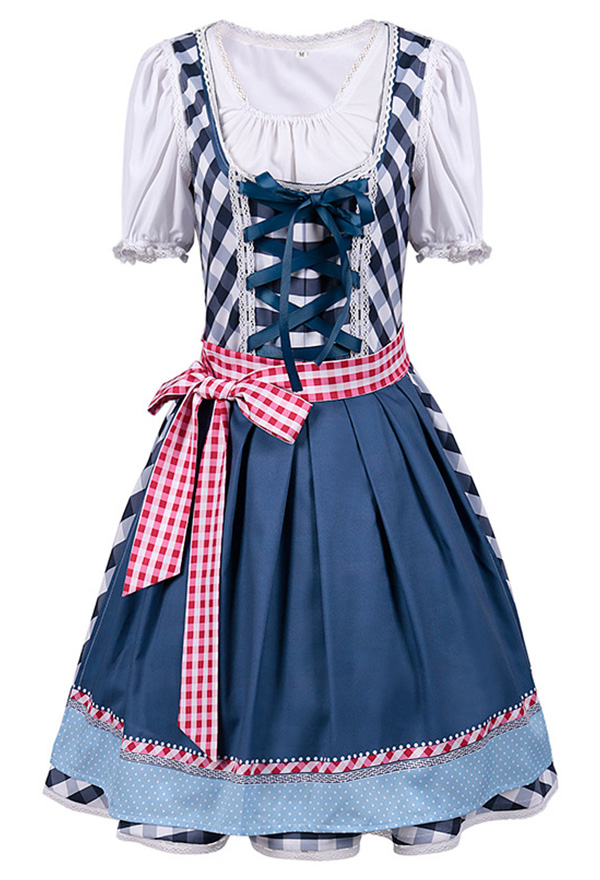 Robe de Style Traditionnel Bavaroise Allemande Robe pour la Fête de la Bière Oktoberfest en Carreaux Bleus avec Tablier