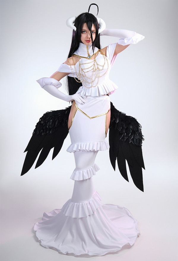 Overlord Albedo Cosplay Costume White Off shoulder Top and Cutout Skirt Set