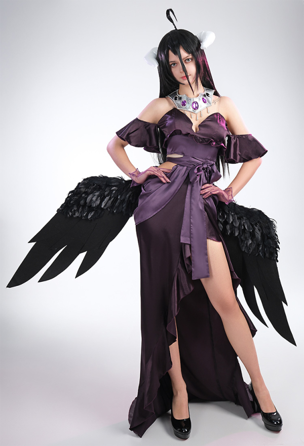 Overlord Costume de Cosplay Albedo Ensemble de Robe de Soirée à Épaules Dénudées en V Profond pour Femmes