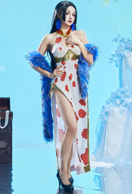 OP Snake Princess Cosplay Costume Long Halter Slim Cheongsam Dress and Plush Shawl