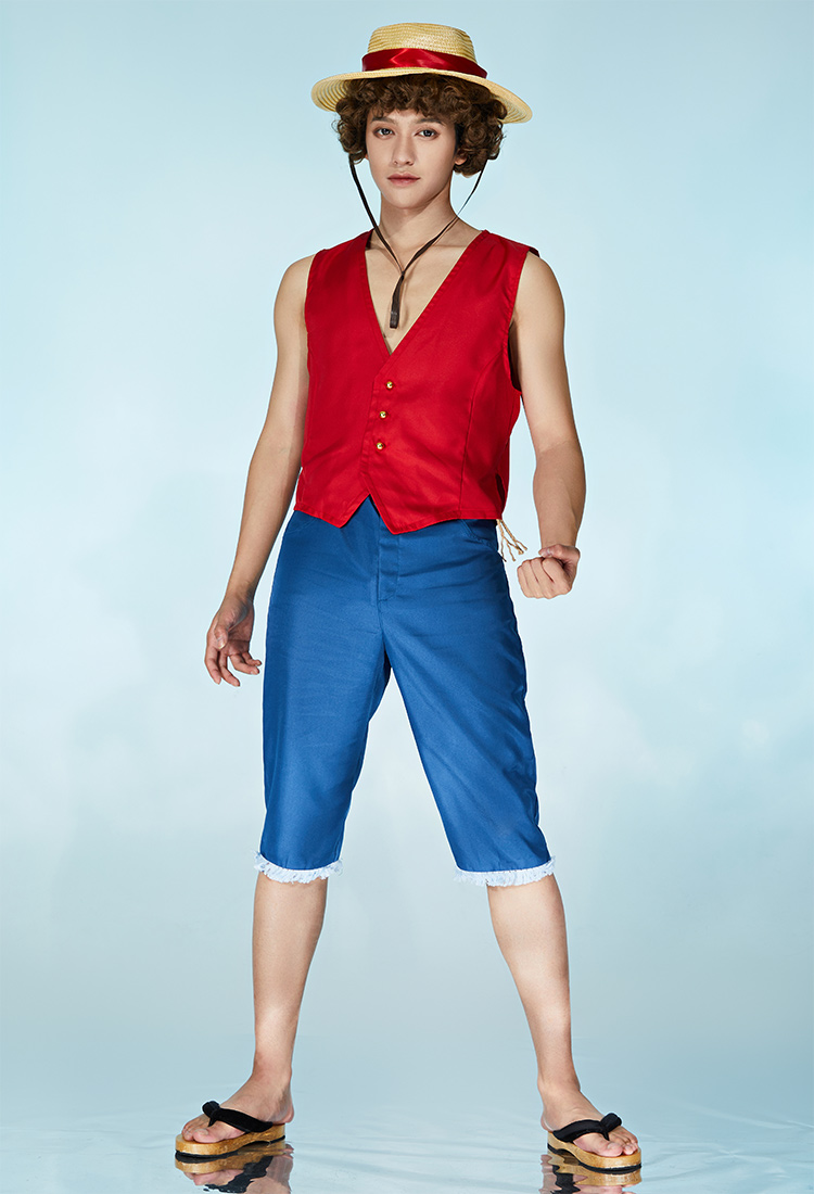 OP Luffy Cosplay Costume Red Vest Blue Pants with Straw Hat