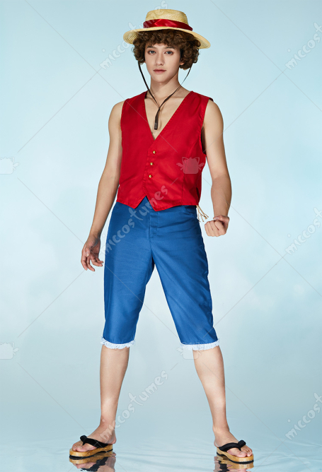 OP Luffy Cosplay Costume Red Vest Blue Pants with Straw Hat