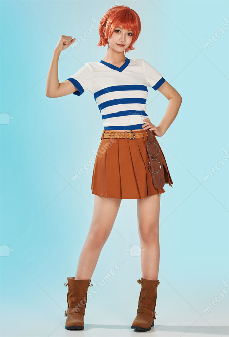 OP Nami Cosplay Costume Striped V Neck Short Sleeve Top and Skirt with Belt