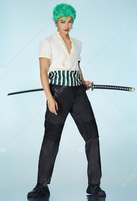 OP Pirate Hunter Cosplay Costume Kimono-Style Top and Pants with Waistband Scarf