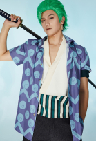 OP Zoro Cosplay Costume Blue Pattern Short-Sleeve Shirt and Headscarf Set