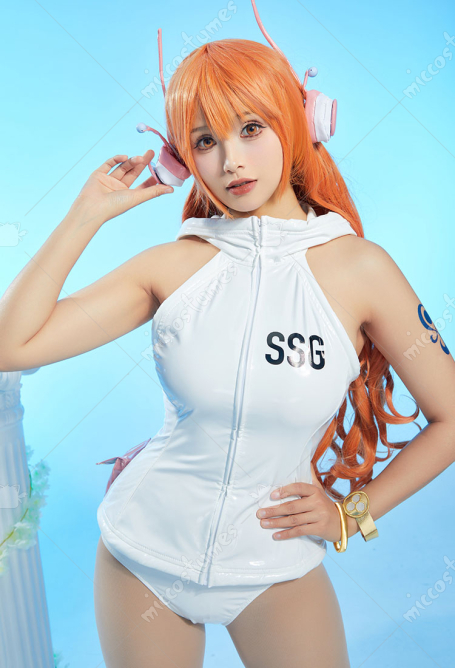 OP Nami Cosplay Kostüm Weiße Kapuzenweste Höschen Gürteltasche Armband