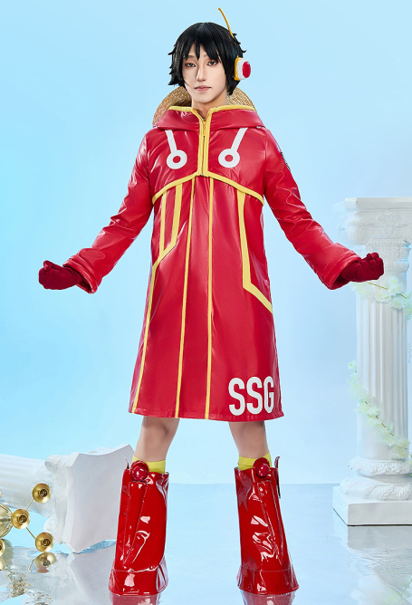 Cakuoyi OP Egghead Arc Luffy Cosplay Costume Red Long Hooded Coat and Gloves with Socks and Hat
