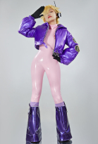 OP Egghead Arc Punk-02 Lilith Cosplay Costume Shiny Pink Jumpsuit and Hooded Coat with Gloves