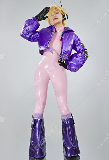 OP Egghead Arc Punk-02 Lilith Cosplay Costume Shiny Pink Jumpsuit and Hooded Coat with Gloves