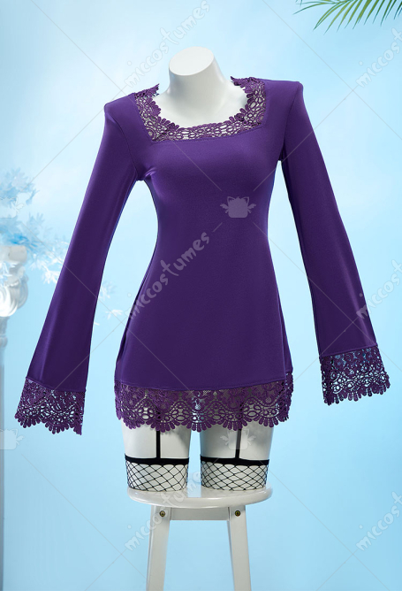 OP Robin Cosplay Costume Purple Square Neck Lace Dress with Fishnet Stockings