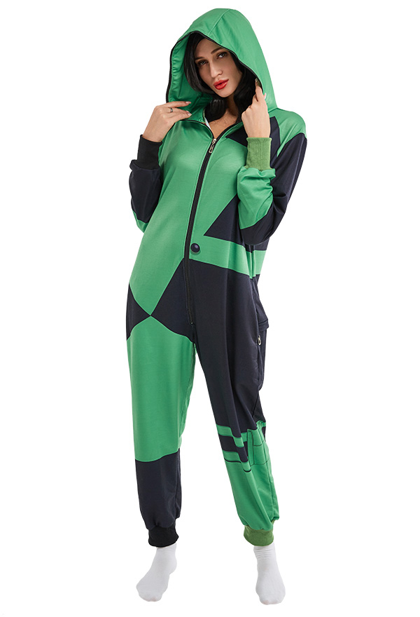 Halloween Women Shego Green and Black Contrast Hooded Onesie Pajamas  Loungewear Adult Onesie Homewear Kigurumi Costume Outfit