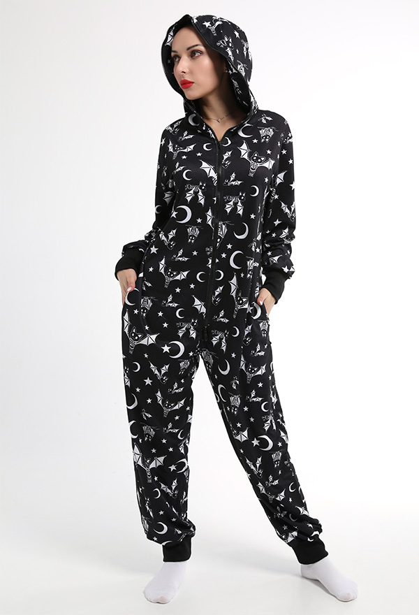 Combinaison Halloween Pyjama Une Pièce Vêtement de Nuit à Manches Longues avec Impression de Chauve-souris Lune Étoile pour Femme