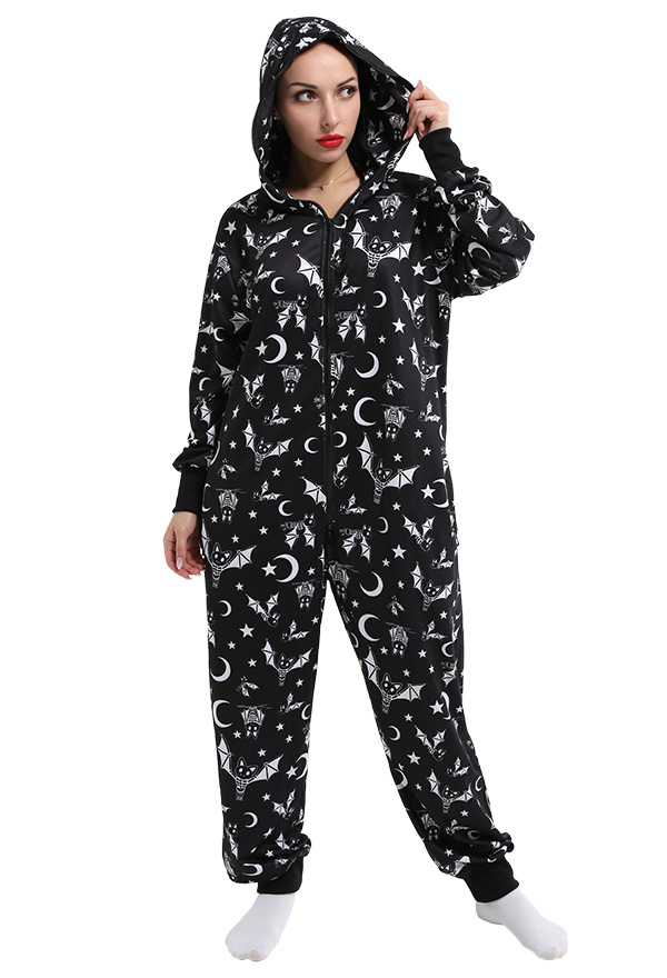 Women Halloween Style Bat and Moon Pattern Hooded Onesie Pajama Loungewear Adult Onesie Homewear Kigurumi Costume Outfits