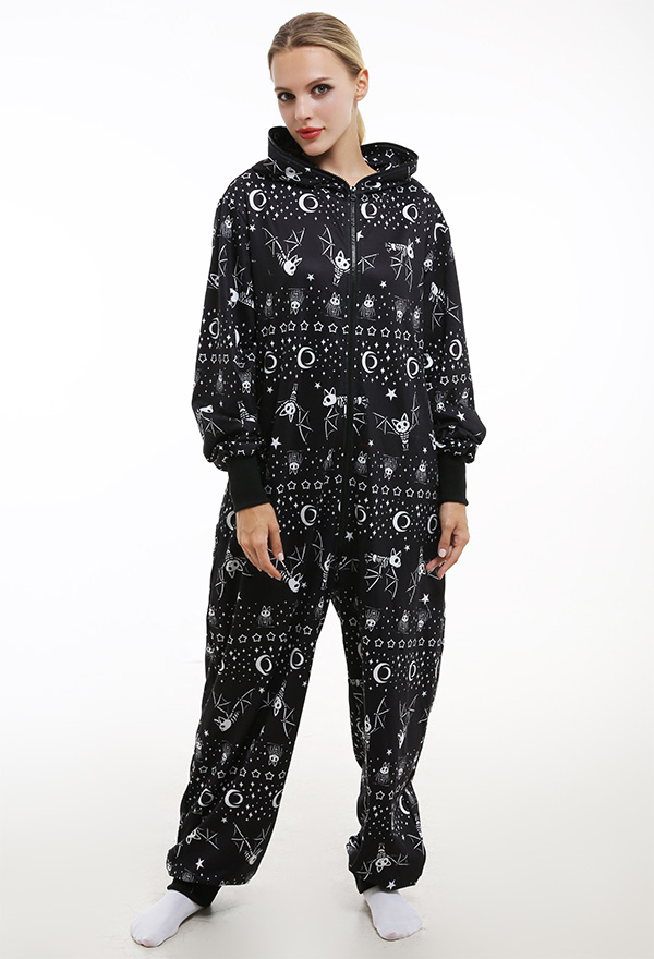 Dunkler Stil Star und Fledermaus Onesie Overall mit Kapuzen Homewear Kigurumi Pyjamas Lange Arm Jumpsuit Kostüm Halloween Anzug