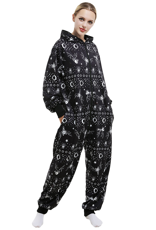 Combinaison Halloween Pyjama Une Pièce Vêtement de Nuit à Manches Longues avec Impression de Chauve-souris Squelette pour Femme