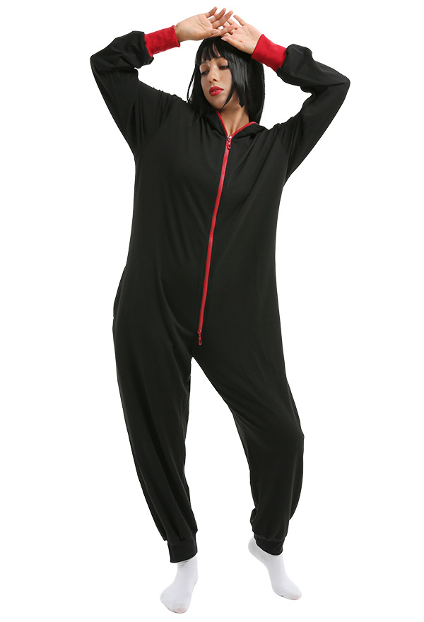 Schwarz und Rote Onesie Overall mit Kapuzen Homewear Kigurumi Pyjamas Lange Arm Jumpsuit Kostüm Halloween Anzug