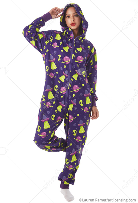 Women Aliens Pattern Decorated Onesie Pajama Adult Homewear Kigurumi Hooded Loungewear Costume Outfits