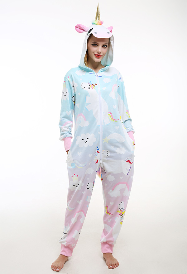 Einhorn Regenbogen Bodysuit mit Kapuze Lange Ärme Schwanz Flügel Lange Hosen Onesie Homewear Kigurumi Jumpsuit mit Ohren