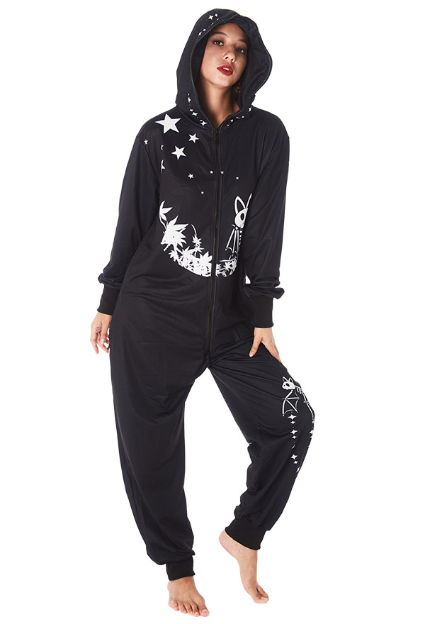 Halloween Dark Style Bat Pattern Onesie Pajamas Hooded Adult