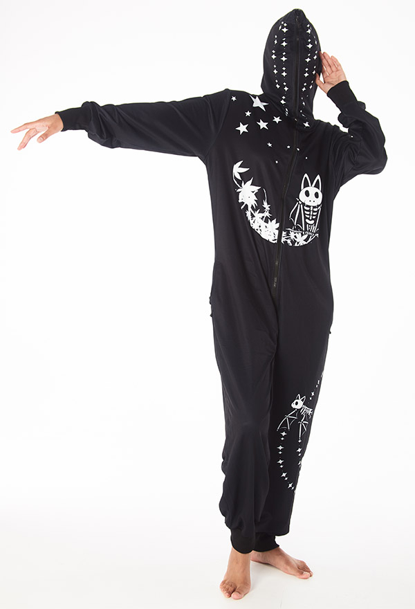 Pyjama Une Pièce à Capuche Halloween Cosplay Costume Style Noir avec Impressions de Chauve-souris