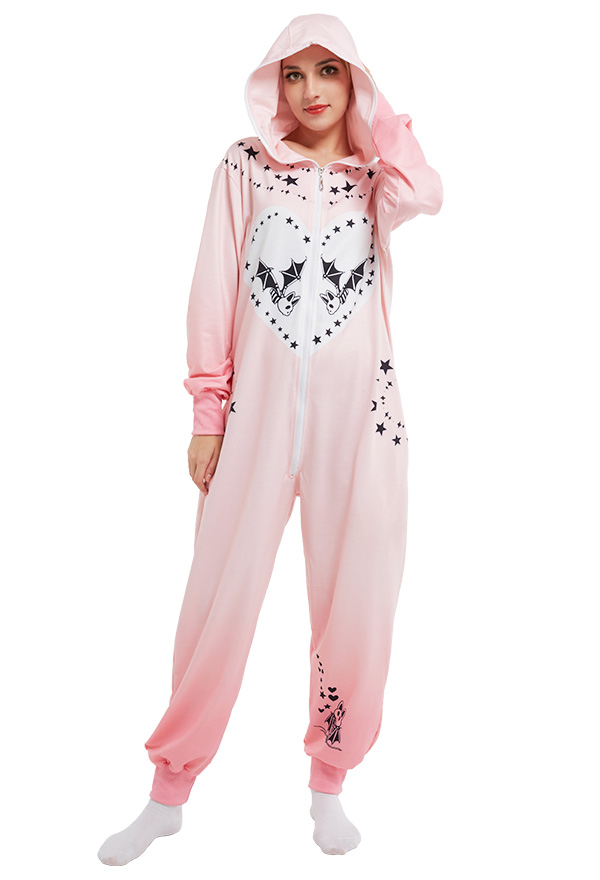 Pyjama Une Pièce à Capuche Halloween Cosplay Costume Style Noir Imprimé de Chauve-souris avec Fermeture Éclair