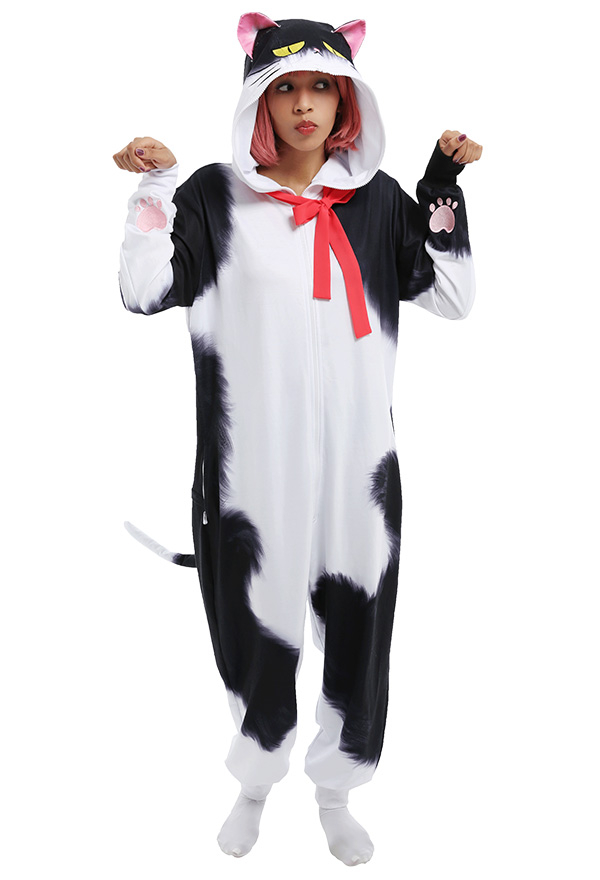 Combinaison Pyjama Motif Chat Vache Kawaii Une Pièce Vêtement de Nuit Manche Longue avec Ruban