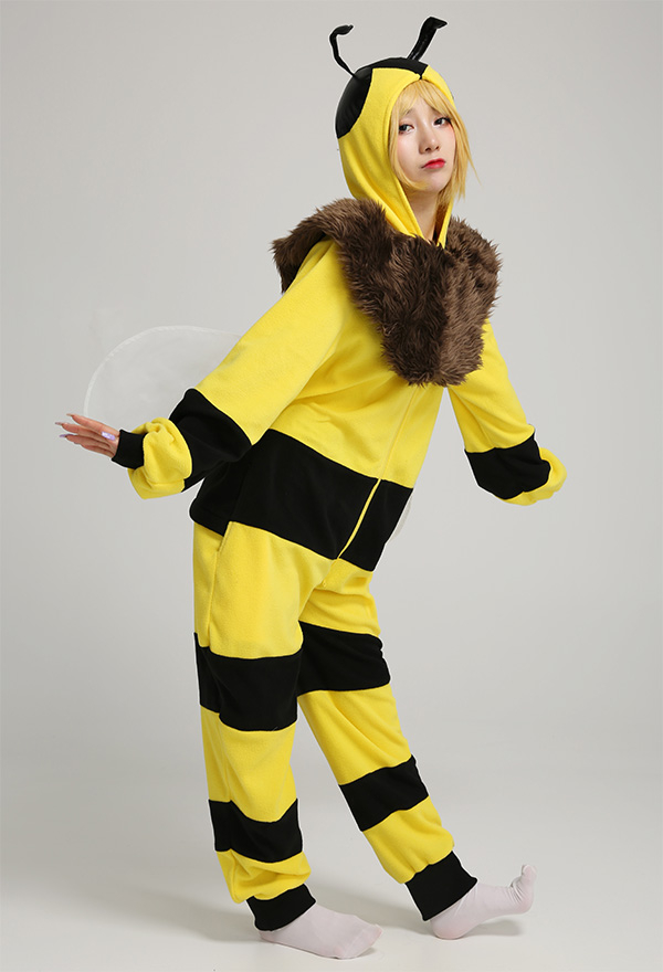 Halloween Women Cartoon Bee Pajama Kigurumi Outfits Onesie One Piece Cosplay Costume with Wings and Removable Collar