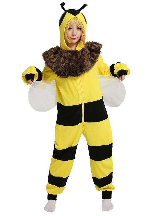 Biene Kawaii Damen Onesie Overall mit Kapuzen Homewear Kigurumi Pyjamas Lange Arm Jumpsuit Tier Kostüm Cosplay Halloween Anzug