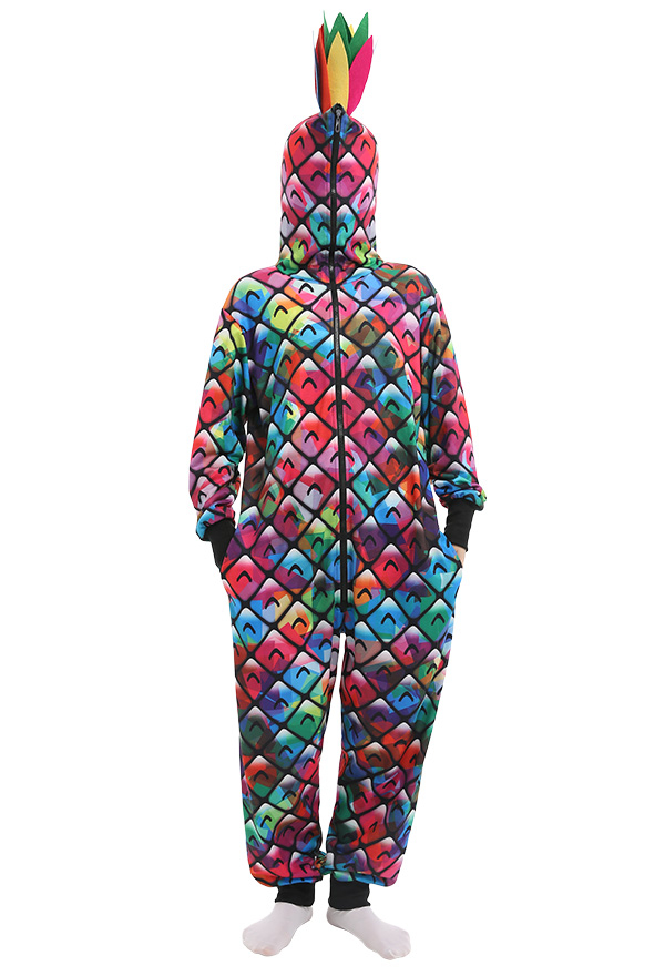 Women Colorful Pineapple Pattern Onesie Pajamas One-Piece Long Sleeved Sleepwear Cosplay Costume Outfits