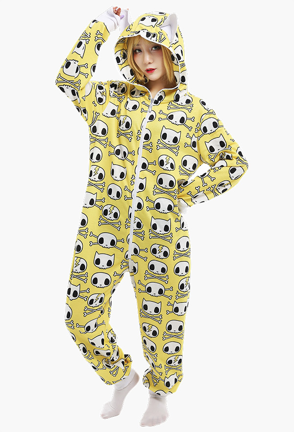 Women Cartoon Human Skull Onesie Pajamas Hooded Adult Onesie Halloween Pajamas Kigurumi Costume Outfit