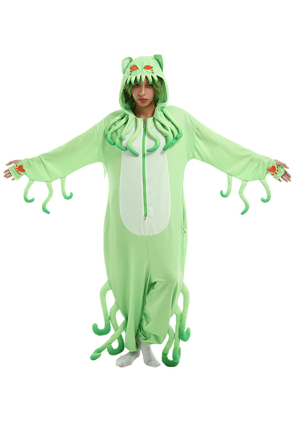 Damen Monster Cthulhu Cat Erwachsene Onesie Overall mit Kapuzen Homewear Kigurumi Pyjamas Lange Arm Jumpsuit Kostüm Cosplay Halloween Anzug