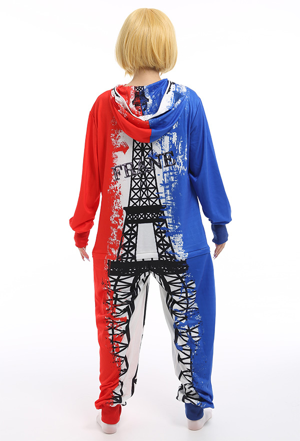 Frankreich National Flag Muster Damen Overall mit Kapuzen Pyjamas Lange Arm Onesie Homewear Kigurumi Jumpsuit Kostüm