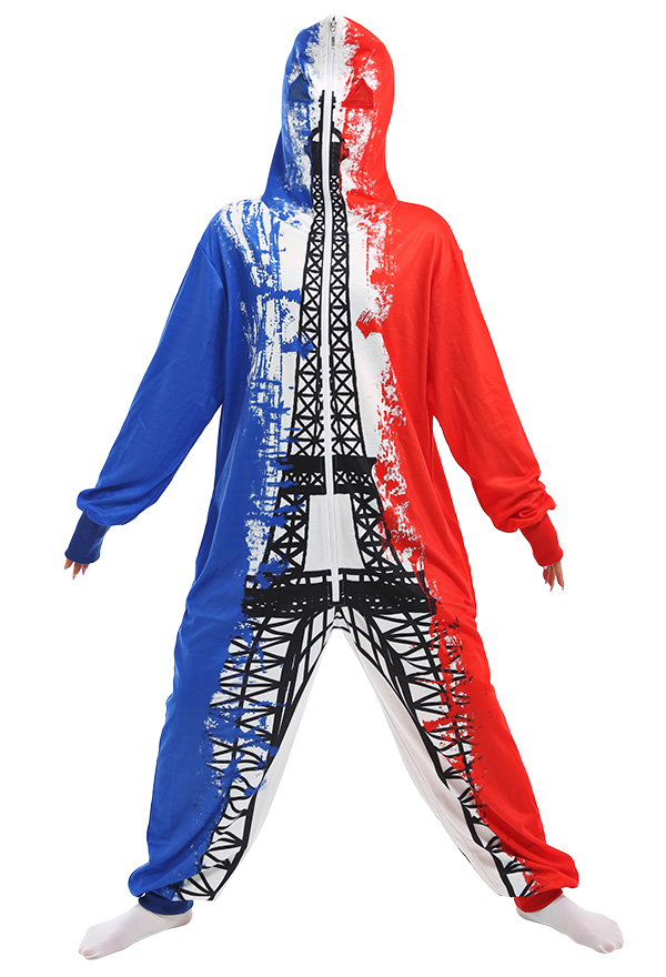 Combinaison Halloween Pyjama Une Pièce de Style Drapeau Français Vêtement de Nuit à Manches Longues avec Impressions de la Tour Eiffel