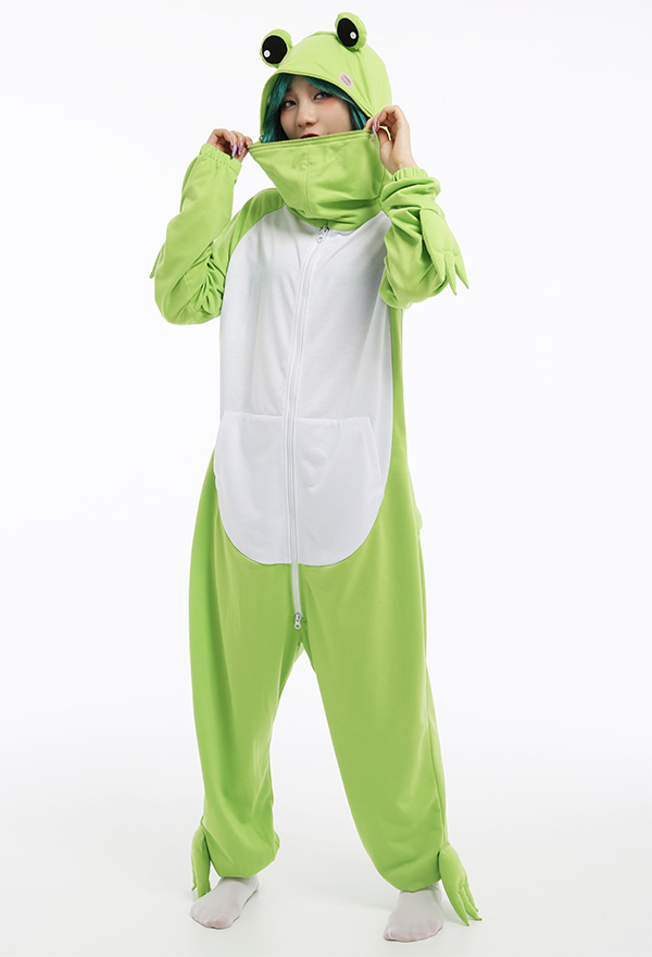 Frosch Grün Kawaii Damen Overall mit Kapuzen Pyjamas Lange Arm Jumpsuit Tier Kostüm Cosplay Halloween Anzug