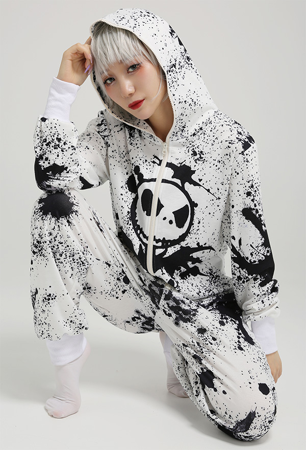 Women Ink Dots Skull Pajamas One-Piece Onesie Long Sleeve Hooded Sleepwear Cosplay Costume Outfits