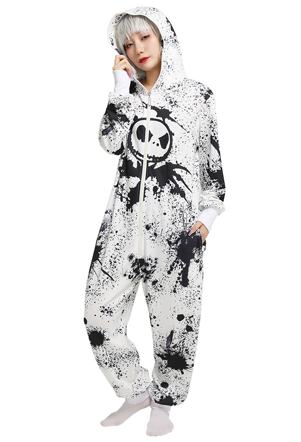 Women Ink Dots Skull Pajamas One-Piece Onesie Long Sleeve Hooded Sleepwear Cosplay Costume Outfits