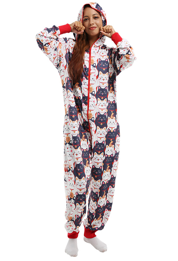 Katze Muster Onesie Overall mit Kapuzen Homewear Kigurumi Pyjamas Lange Arm Jumpsuit Kostüm Halloween Anzug