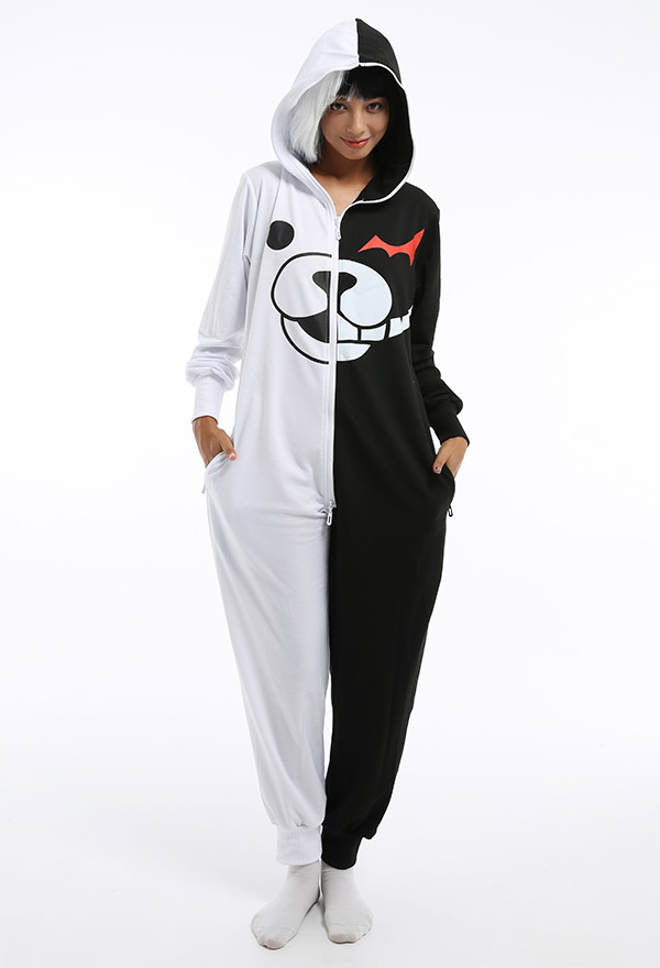 Monokuma Damen Onesie Overall mit Kapuzen Homewear Kigurumi Pyjamas Lange Arm Jumpsuit Kostüm Cosplay Halloween Anzug