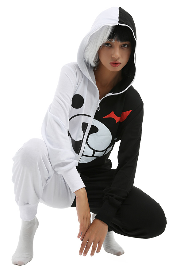 Monokuma Damen Onesie Overall mit Kapuzen Homewear Kigurumi Pyjamas Lange Arm Jumpsuit Kostüm Cosplay Halloween Anzug