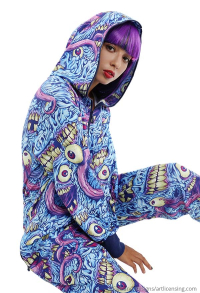 Erroneous World Damen Halloween Blau Monster Druck mit Kapuze Onesie Pyjama