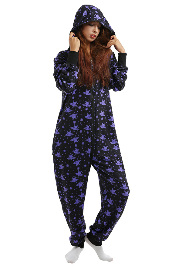 Lila Fledermaus Onesie Overall mit Kapuzen Homewear Kigurumi Pyjamas Lange Arm Jumpsuit Kostüm Halloween Anzug