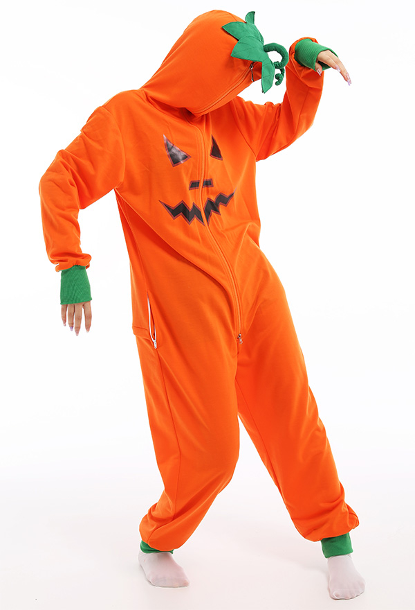 Orange Kürbis Muster Damen Onesie Overall mit Kapuzen Homewear Kigurumi Pyjamas Lange Arm Jumpsuit Kostüm Cosplay Halloween Anzug