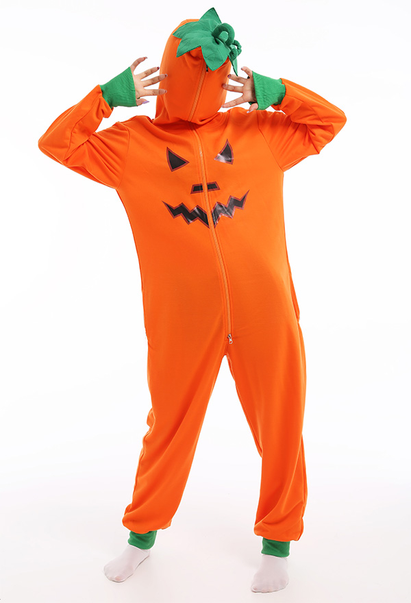 Orange Kürbis Muster Damen Onesie Overall mit Kapuzen Homewear Kigurumi Pyjamas Lange Arm Jumpsuit Kostüm Cosplay Halloween Anzug