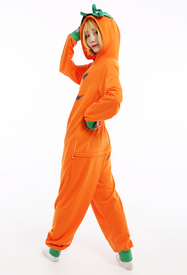 Combinaison Halloween Pyjama Une Pièce Style Citrouille Vêtement de Nuit à Manches Longues Orange