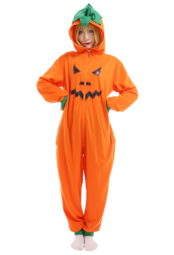 Combinaison Halloween Pyjama Une Pièce Style Citrouille Vêtement de Nuit à Manches Longues Orange