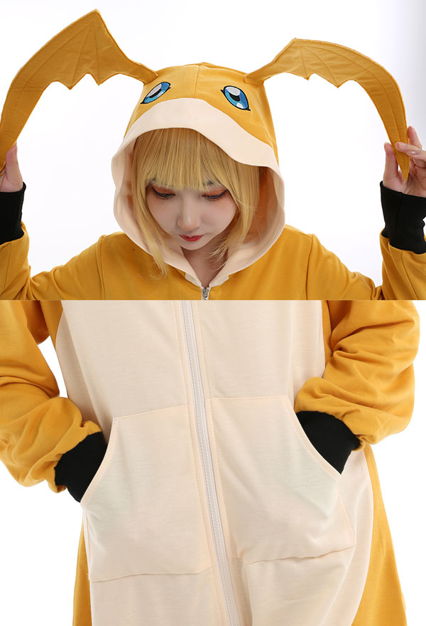 Patamon Kawaii Onesie Overall mit Kapuzen Pyjamas Homewear Kigurumi Lange Arm Jumpsuit Kostüm Cosplay Halloween Anzug