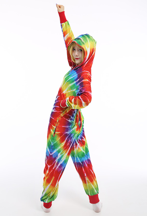 Regenbogen Batik Jumpsuit mit Kapuzen Pyjamas Onesie Homewear Kigurumi Overall Lange Arm Kostüm